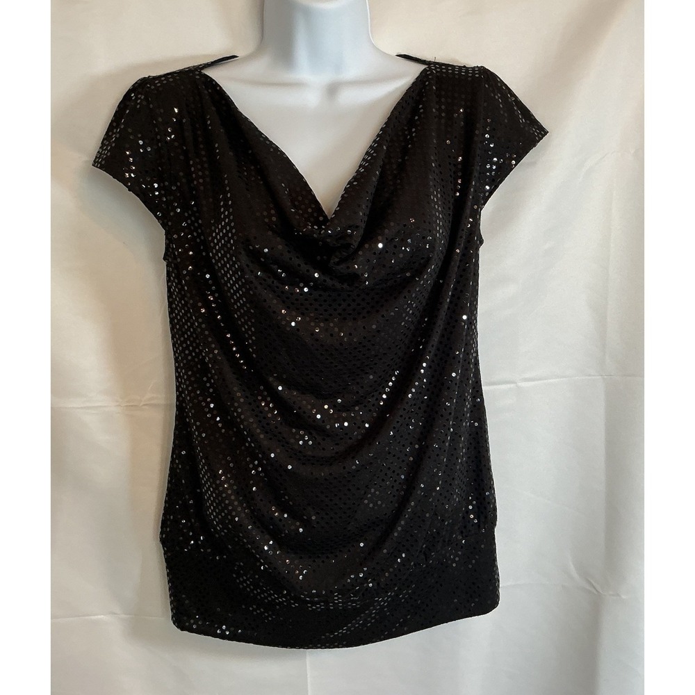 Express Women's Sequin Shimmer Sparkle Cowl Neck Blouse Top Black Stretch Size S